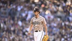 SAN DIEGO, CA - APRIL 17: Yu Darvish #11 of the San Diego Padres reacts after getting a strike out during the fifth inning against the Atlanta Braves on April 17, 2022 at Petco Park in San Diego, California.   Denis Poroy/Getty Images/AFP
== FOR NEWSPAPERS, INTERNET, TELCOS & TELEVISION USE ONLY ==