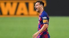 BARCELONA, SPAIN - JUNE 30: Lionel Messi of FC Barcelona reacts during the Liga match between FC Barcelona and Club Atletico de Madrid at Camp Nou on June 30, 2020 in Barcelona, Spain. (Photo by David Ramos/Getty Images)