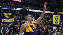 DENVER, COLORADO - JUNE 01: Nikola Jokic #15 of the Denver Nuggets reacts after a 104-93 victory against the Miami Heat in Game One of the 2023 NBA Finals at Ball Arena on June 01, 2023 in Denver, Colorado. NOTE TO USER: User expressly acknowledges and agrees that, by downloading and or using this photograph, User is consenting to the terms and conditions of the Getty Images License Agreement.   Matthew Stockman/Getty Images/AFP (Photo by MATTHEW STOCKMAN / GETTY IMAGES NORTH AMERICA / Getty Images via AFP)