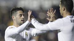 Real Madrid's Isco and Cristiano Ronaldo celebrate after scoring.