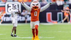 The Miami Hurricanes mascot after a touchdown
