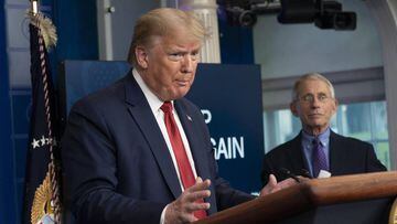 US President Donald J. Trump at a news briefing with members of the Coronavirus Task Force at the White House on 16 April 2020. 