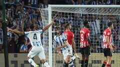 Real Sociedad's French defender #24 Robin Le Normand celebrates after scoring his team's first goal during the Spanish Liga football match between Real Sociedad and Athletic Club Bilbao at the Anoeta stadium in San Sebastian on September 30, 2023. (Photo by CESAR MANSO / AFP)