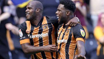 Hull City's Oscar Estupinan celebrates scoring their side's first goal of the game with team-mate Benjamin Tetteh (right) during the Sky Bet Championship match at the MKM Stadium, Hull. Picture date: Saturday August 13, 2022. (Photo by Richard Sellers/PA Images via Getty Images)