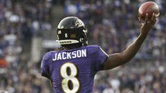 Nov 7, 2021; Baltimore, Maryland, USA;  Baltimore Ravens quarterback Lamar Jackson (8) throws in over time against the Minnesota Vikings at M&amp;T Bank Stadium. Mandatory Credit: Tommy Gilligan-USA TODAY Sports