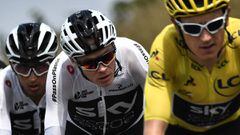 (FILES) In this file photo taken on July 21, 2018 (From R) Great Britain&#039;s Geraint Thomas, wearing the overall leader&#039;s yellow jersey, and his Great Britain&#039;s Team Sky cycling team teammates, Great Britain&#039;s Christopher Froome amd Colo