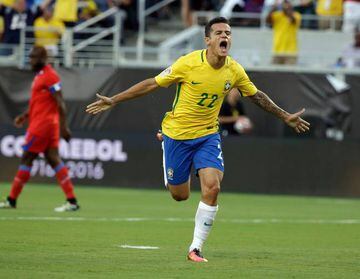 Brazil's Philippe Coutinho celebrates after one of hishat-trick goals against Haiti