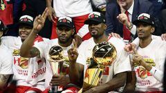 OAKLAND, CALIFORNIA - JUNE 13: Kawhi Leonard #2 and Serge Ibaka #9 of the Toronto Raptors celebrates their teams victory over the Golden State Warriors in Game Six to win the 2019 NBA Finals at ORACLE Arena on June 13, 2019 in Oakland, California. NOTE TO