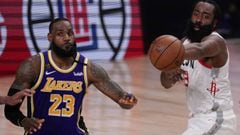 Houston Rockets&#039; James Harden (13) passes in front of Los Angeles Lakers&#039; LeBron James (23) during the second half of an NBA conference semifinal playoff basketball game Friday, Sept. 4, 2020, in Lake Buena Vista, Fla. (AP Photo/Mark J. Terrill)