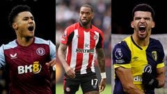 Ollie Watkins, Ivan Toney y Dominic Solanke, delanteros ingleses de Aston Villa, Brentford y Bournemouth.