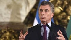 Argentina&#039;s President Mauricio Macri speaks during a joint press conference with Portuguese Primer Minister Antonio Costa (not framed) ensuing a working meeting at the Casa Rosada presidential palace in Buenos Aires on June 13, 2017. / AFP PHOTO / EITAN ABRAMOVICH