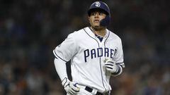 San Diego Padres&#039; Manny Machado reacts after flying out to end the seventh inning of a baseball game against the San Francisco Giants Wednesday, July 3, 2019, in San Diego. (AP Photo/Gregory Bull)