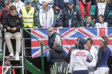 Ilie Nastase leaves the court in the FedCup Group II play-off match between Romania and Great Britain