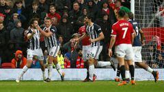 Soccer Football - Premier League - Manchester United vs West Bromwich Albion - Old Trafford, Manchester, Britain - April 15, 2018   West Bromwich Albion&#039;s Jay Rodriguez celebrates scoring their first goal with team mates           REUTERS/Andrew Yates    EDITORIAL USE ONLY. No use with unauthorized audio, video, data, fixture lists, club/league logos or &quot;live&quot; services. Online in-match use limited to 75 images, no video emulation. No use in betting, games or single club/league/player publications.  Please contact your account representative for further details.