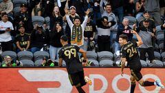Oct 28, 2023; Los Angeles, CA, USA; Los Angeles FC midfielder Ryan Hollingshead (24) celebrates scoring a goal against the Vancouver Whitecaps FC in the first half of game one in a round one match of the 2023 MLS Cup Playoffs at BMO Stadium. Mandatory Credit: Jon Durr-USA TODAY Sports