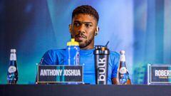 JEDDAH, SAUDI ARABIA - AUGUST 17: British boxer Anthony Joshua and Ukrainian boxer Oleksandr Usyk (not seen) hold a press conference ahead of their boxing match to be held on August 20, in Jeddah, Saudi Arabia on August 17, 2022. (Photo by Ayman Yaqoob/Anadolu Agency via Getty Images)