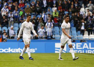 Cristiano Ronaldo and Casemiro make their way to the dressing rooms at the half-time whistle.