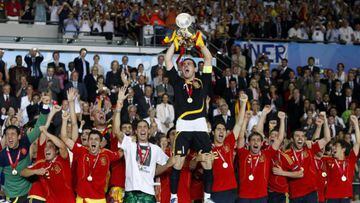 Spain captain Iker Casillas lifts the Henri Delaunay Trophy after La Roja's Euro 2008 final win over Germany.