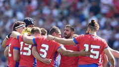 Chile's players celebrate scoring their first try during the France 2023 Rugby World Cup Pool D match between Japan and Chile at Stadium de Toulouse in Toulouse, south-western France on September 10, 2023. (Photo by CHARLY TRIBALLEAU / AFP)