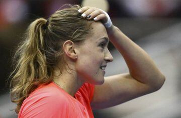 Aliaksandra Sasnovich reacts after her victory against Timea Bacsinszky.