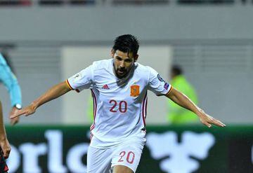 Spain's Nolito celebrates after scoring during the FIFA World Cup 2018 qualification football match Albania vs Spain at the Loro-Borici stadium in Shkoder, on October 9, 2016. /