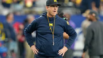 Dec 31, 2022; Glendale, Arizona, USA; Michigan Wolverines head coach Jim Harbaugh before the 2022 Fiesta Bowl against the TCU Horned Frogs at State Farm Stadium. Mandatory Credit: Kirby Lee-USA TODAY Sports