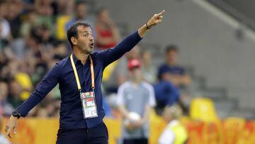 Argentina coach Fernando Batista gives instructions to his players during the round of 16 match between Argentina and Mali at the U20 World Cup soccer in Bielsko Biala, Poland, Tuesday, June 4, 2019. (AP Photo/Sergei Grits)