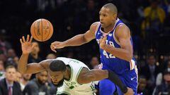 PHILADELPHIA, PA - OCTOBER 23: Al Horford #42 of the Philadelphia 76ers and Jaylen Brown #7 of the Boston Celtics race for the ball at Wells Fargo Center on October 23, 2019 in Philadelphia, Pennsylvania. NOTE TO USER: User expressly acknowledges and agre
