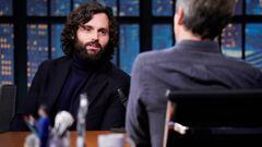 LATE NIGHT WITH SETH MEYERS -- Episode 1392 -- Pictured: (l-r) Actor Penn Badgley during an interview with host Seth Meyers on February 9, 2023 -- (Photo by: Lloyd Bishop/NBC via Getty Images)