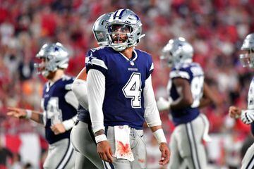 Dak Prescott #4 of the Dallas Cowboys looks on during the fourth quarter against the Tampa Bay Buccaneers at Raymond James Stadium on September 09, 2021 in Tampa, Florida.