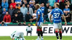EDINBURGH, SCOTLAND - AUGUST 20: Alfredo Morelos is shown a red card for fouling Marijan Cabraja during a cinch Premiership match between Hibernian and Rangers at Easter Road, on August 20, 2022, in Edinburgh, Scotland. (Photo by Ross Parker/SNS Group via Getty Images)