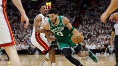 May 23, 2023; Miami, Florida, USA; Boston Celtics forward Jayson Tatum (0) shoots against Miami Heat guard Kyle Lowry (7) in the third quarter during game four of the Eastern Conference Finals for the 2023 NBA playoffs at Kaseya Center. Mandatory Credit: Sam Navarro-USA TODAY Sports