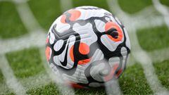 BURNLEY, ENGLAND - AUGUST 14: A general view of the Premier League Nike Flight match ball prior to the Premier League match between Burnley and Brighton &amp; Hove Albion at Turf Moor on August 14, 2021 in Burnley, England. (Photo by Nathan Stirk/Getty Im