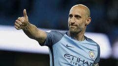 Manchester City&#039;s Pablo Zabaleta gestures after the final whistle during the English Premier League soccer match against West Bromwich Albion at the Etihad Stadium, Manchester, England, Tuesday, May 16, 2017. (Martin Rickett/PA via AP)