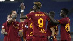 Roma&#039;s Tammy Abraham, center, celebrates with teammates after scoring during the Italian Cup soccer match between Roma and Lecce at Rome&#039;s Olympic stadium, Thursday, Jan. 20, 2022. (AP Photo/Alessandra Tarantino)