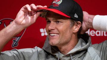 11 November 2022, Bavaria, Munich: American Football, NFL, Tampa Bay Buccaneers - Seattle Seahawks, Matchday 10, Allianz Arena: Practice Tampa Bay Buccaneers. Tom Brady takes part in a press conference after practice. On Nov. 13, 2022, an NFL game will take place in Germany for the first time. The Tampa Bay Buccaneers meet the Seattle Seahawks at the Allianz Arena. Photo: Sven Hoppe/dpa (Photo by Sven Hoppe/picture alliance via Getty Images)