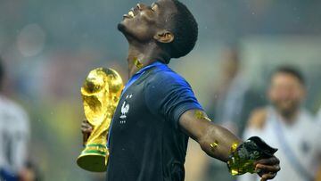 FILE PHOTO: Soccer Football - World Cup - Final - France v Croatia - Luzhniki Stadium, Moscow, Russia - July 15, 2018  France's Paul Pogba holds the trophy as he celebrates winning the World Cup  REUTERS/Dylan Martinez/File Photo