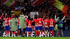 Atletico players celebrate their win at the end of the UEFA Champions League group E football match between Club Atletico de Madrid and Celtic at the Metropolitano stadium in Madrid on November 7, 2023. (Photo by OSCAR DEL POZO / AFP)