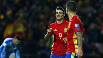 Aduriz celebrates scoring his goal for Spain against Macedonia.