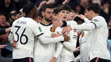 Manchester United's Bruno Fernandes celebrates scoring his sides third goal with team mates during the Carabao Cup semi-final, first leg match at the City Ground, Nottingham. Picture date: Wednesday January 25, 2023. (Photo by Mike Egerton/PA Images via Getty Images)