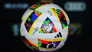 Dec 7, 2023; Columbus, OH, USA; A detail view of an Adidas soccer ball ahead of the 2023 MLS Cup Final between LAFC and the Columbus Crew at Lower.com Field. Mandatory Credit: John David Mercer-USA TODAY Sports