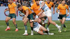 MENDOZA, ARGENTINA - AUGUST 06: Quade Cooper of Australia is tackled by Juan Cruz Mallia of Argentina during The Rugby Championship between Argentina Pumas and Australian Wallabies  at Estadio Malvinas Argentinas on August 06, 2022 in Mendoza, Argentina. (Photo by Daniel Jayo/Getty Images)
