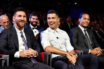 Cristiano Ronaldo, Lionel Messi and Virgil van Dijk during the UEFA Champions League Draw