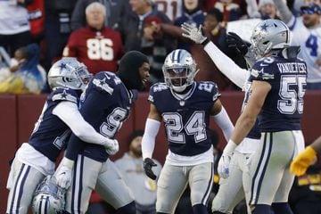 Dallas Cowboys defensive end Randy Gregory (94) celebrates. With teammates after causing a fumble by Washington Football Team quarterback Kyle Allen (not pictured) in the final two minutes of the fourth quarter at FedExField.