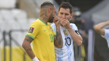Brazil&#039;s Neymar (L) and Argentina&#039;s Lionel Messi talk before their South American qualification football match for the FIFA World Cup Qatar 2022 at the Neo Quimica Arena, also known as Corinthians Arena, in Sao Paulo, Brazil, on September 5, 202