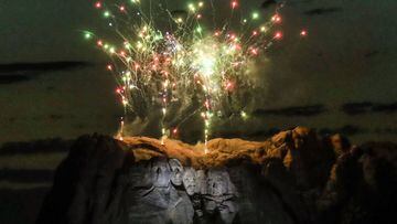 Keystone (United States), 03/07/2020.- Fireworks flare up in the sky over Mt. Rushmore National Monument in Keystone, South Dakota, USA, 03 July 2020. US President Donald J. Trump visited Mt. Rushmore to celebrate the Independence Day holiday at an event 