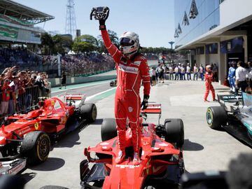 Formula One F1 - Brazilian Grand Prix 2017 - Sao Paulo, Brazil - November 12, 2017  Ferrari&#039;s Sebastian Vettel celebrates winning the race  REUTERS/Ueslei Marcelino
