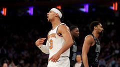 New York Knicks guard Josh Hart (3) reacts after a basket against the Brooklyn Nets during the fourth quarter at Madison Square Garden.