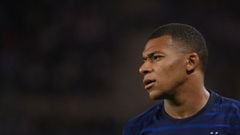 France&#039;s forward Kylian Mbappe reacts during the FIFA World Cup Qatar 2022 qualification Group D football match between France and Bosnia-Herzegovina, at the Meineau stadium in Strasbourg, eastern France, on September 1, 2021. (Photo by FRANCK FIFE /