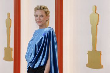 Cate Blanchett poses on the champagne-colored red carpet during the Oscars arrivals at the 95th Academy Awards in Hollywood, Los Angeles, California, U.S., March 12, 2023. REUTERS/Eric Gaillard